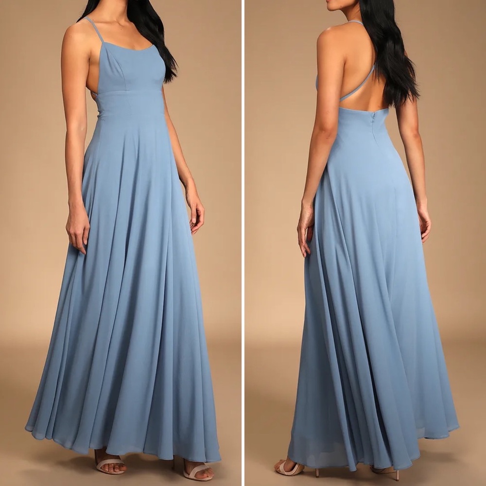 New Lulus Dreamy Romance Slate Blue Backless Maxi Bridesmaid Dress